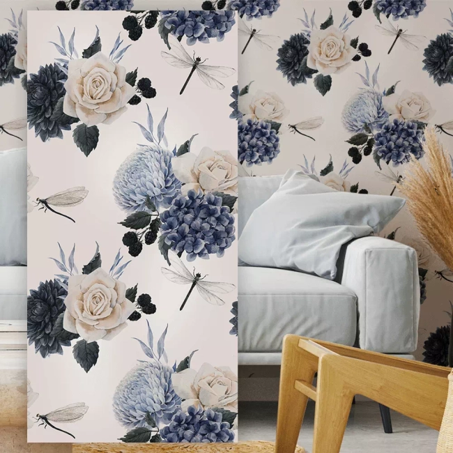 Tapeta w rolce flizelinowa Duże kwiaty Hortensje ważka - Tapeta 50x1000 (5m2)